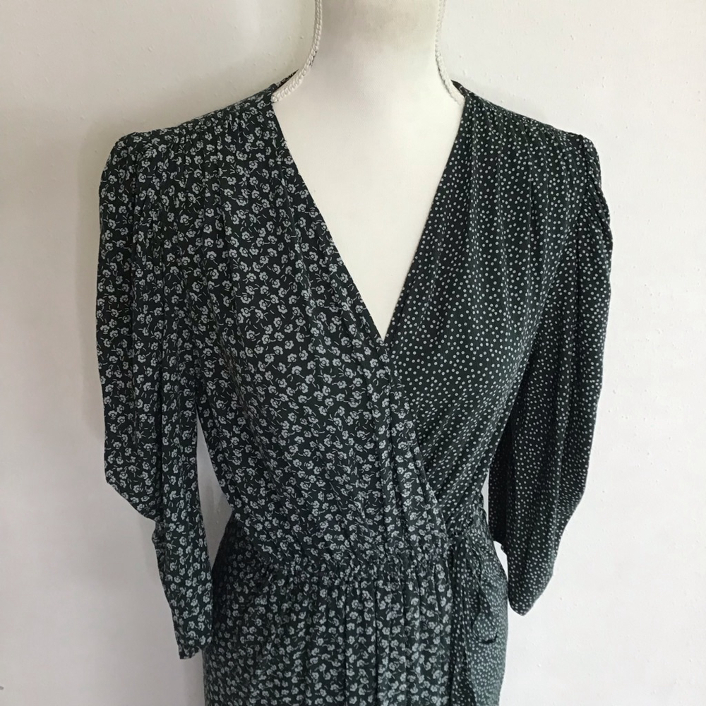 See By Chloé Women Elegant Dark Emerald Green & White Floral Midi Wrap Dress 6 - Picture 6 of 14